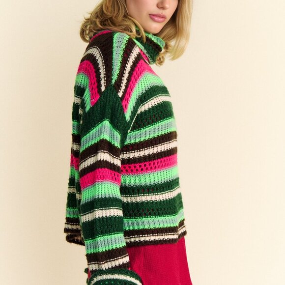 DAVI & DANI RETRO Colourful Striped Knit Turtleneck Sweater - Picture 4 of 10